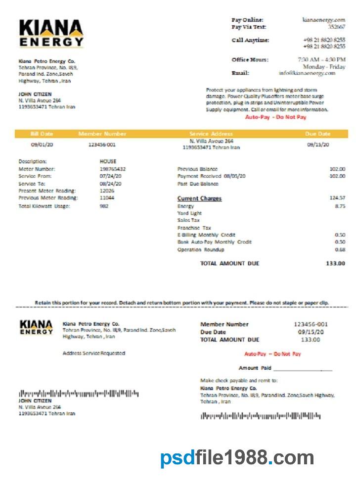 Iran Kiana Petro Energy Co Utility Bill